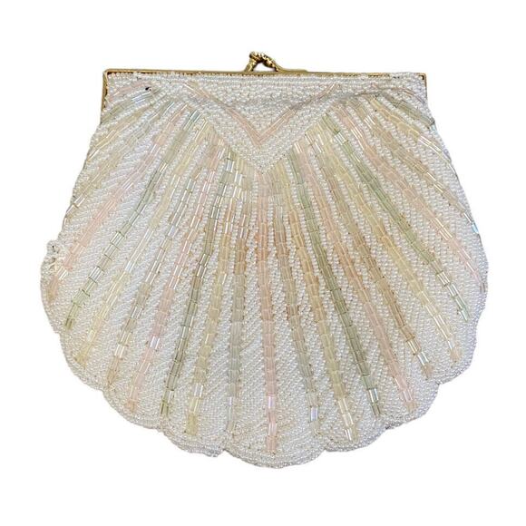 Unbranded Handbags - Antique Vintage 1950s Pearl Beaded Seashell Fancy Gold Chain Clutch Purse